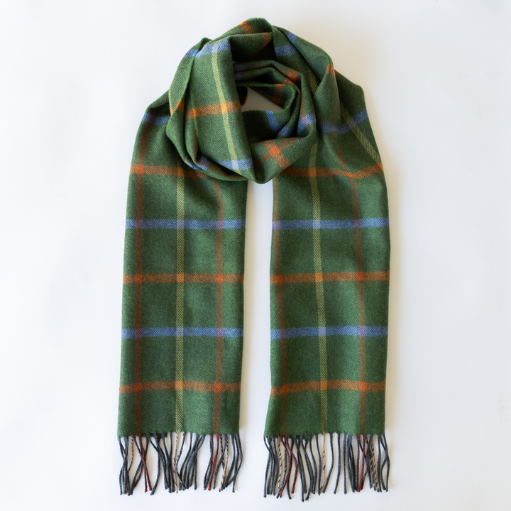 Merino Luxury Wool Scarf Green Rust Orange Blue Check