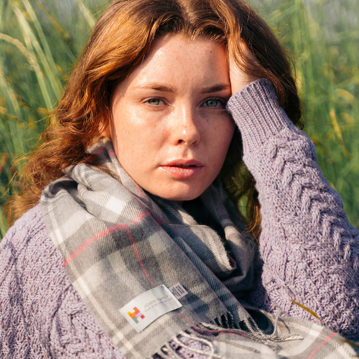 Merino Luxury Wool Scarf Pale Grey White and Pink Check 176