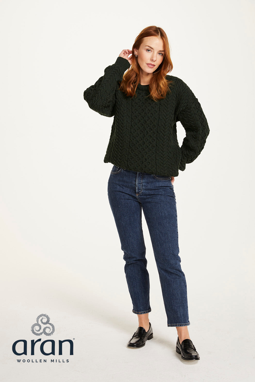 Unisex Merino Wool Aran Sweater - Dark Green