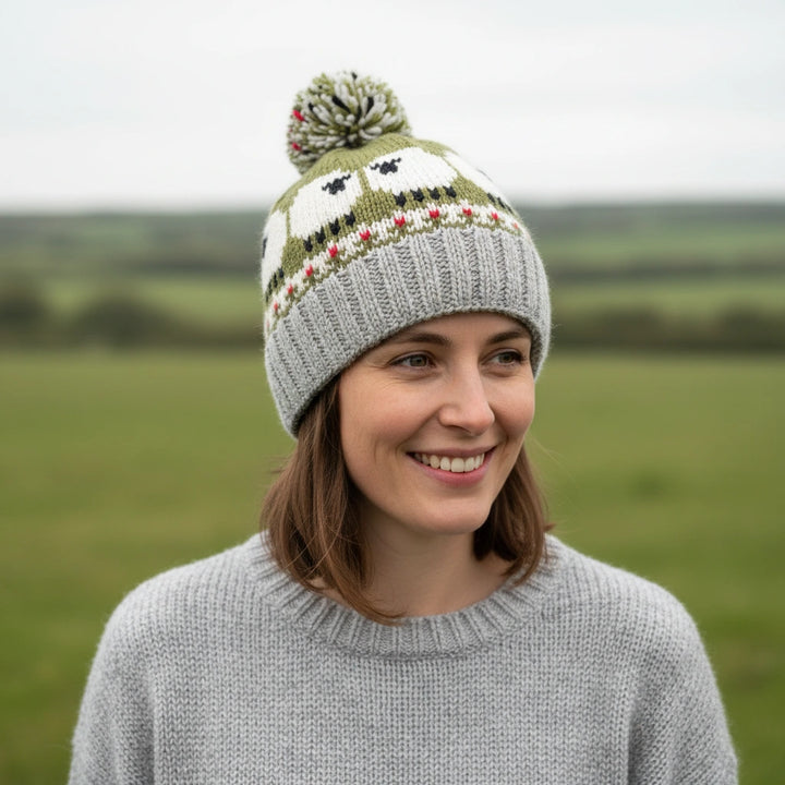 Pure Wool Unisex Beanie Fine Knit Sheep In The Meadow Beanie