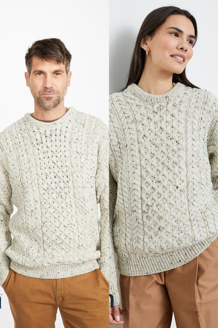 Unisex Merino Wool Aran Sweater - Flecked Cream