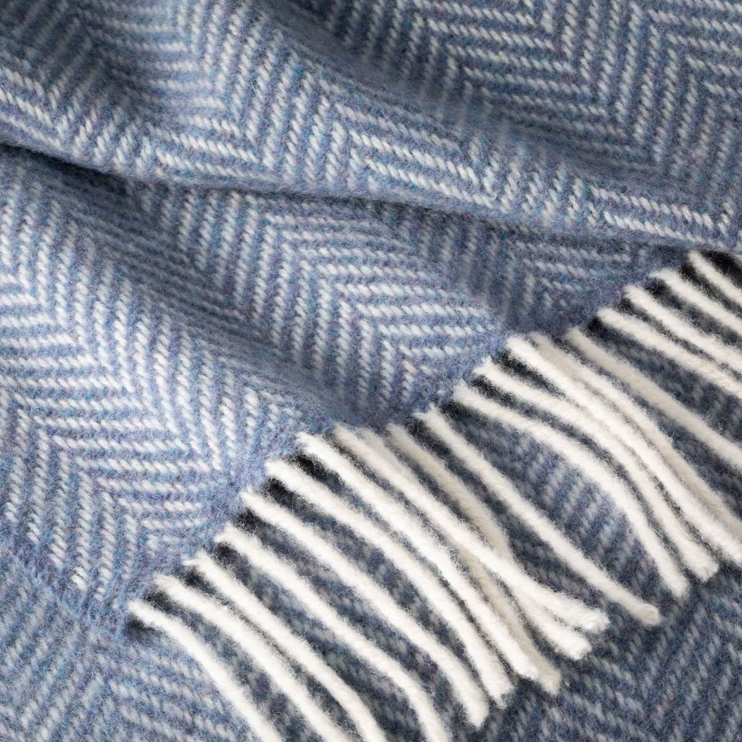 Merino Wool Cashmere Throw Denim Cream Herringbone