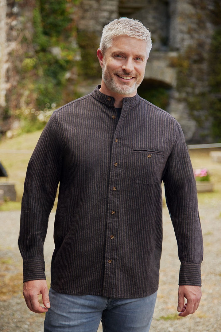 Men’s Comfort Cotton Grandfather Shirt – Black with Red / Brown Stripe