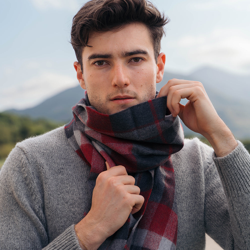 Merino  Wool Scarf Charcoal Silver Red Check