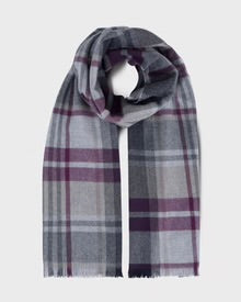 Foxford Aubergine and Grey Tartan Fine Wool Cashmere Blend Scarf