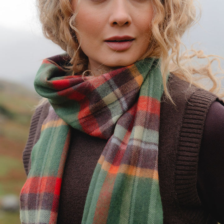 Merino Luxury Wool Scarf Green Rust Orange Brown Check