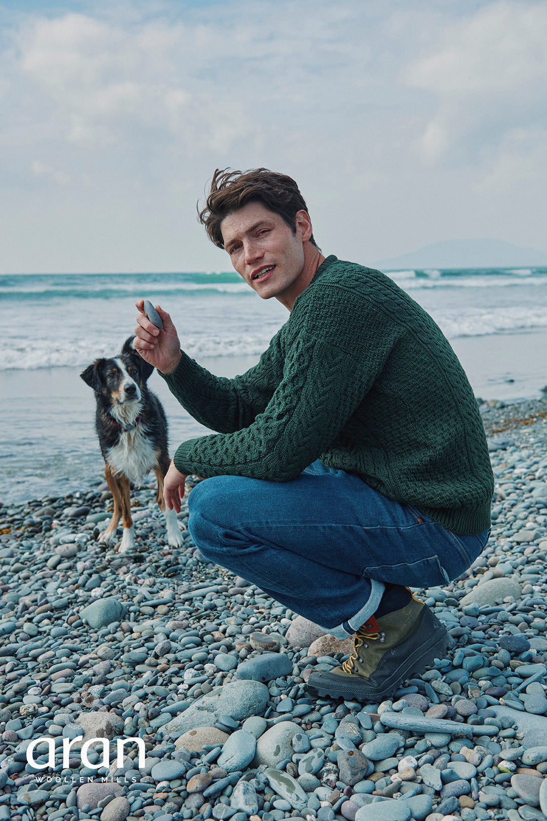 Unisex Merino Wool Aran Sweater - Dark Green