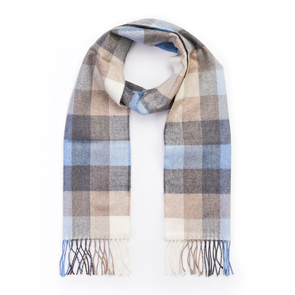 Merino Luxury Wool Scarf Blue Grey Stone White Block Check