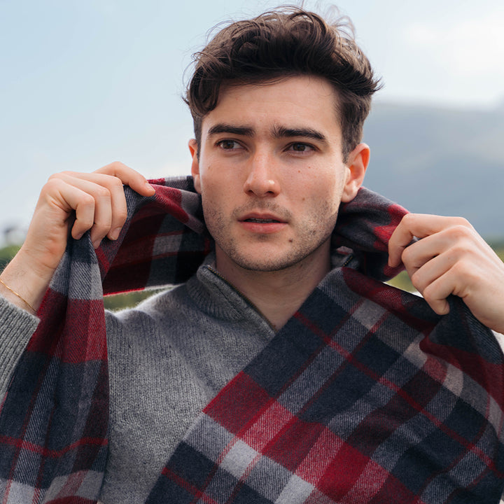 Merino  Wool Scarf Charcoal Silver Red Check