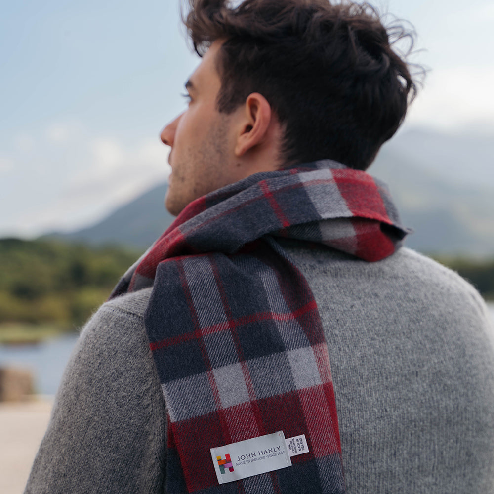 Merino  Wool Scarf Charcoal Silver Red Check
