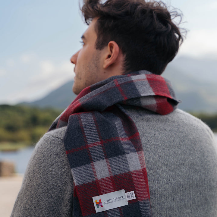 Merino  Wool Scarf Charcoal Silver Red Check