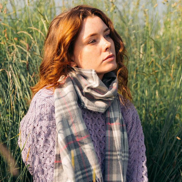 Merino Luxury Wool Scarf Pale Grey White and Pink Check 176