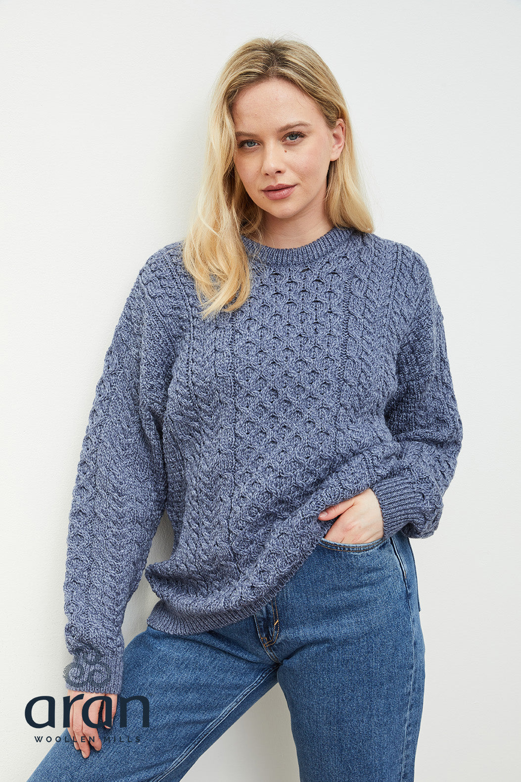 Unisex Merino Wool Aran Sweater - Denim Marl