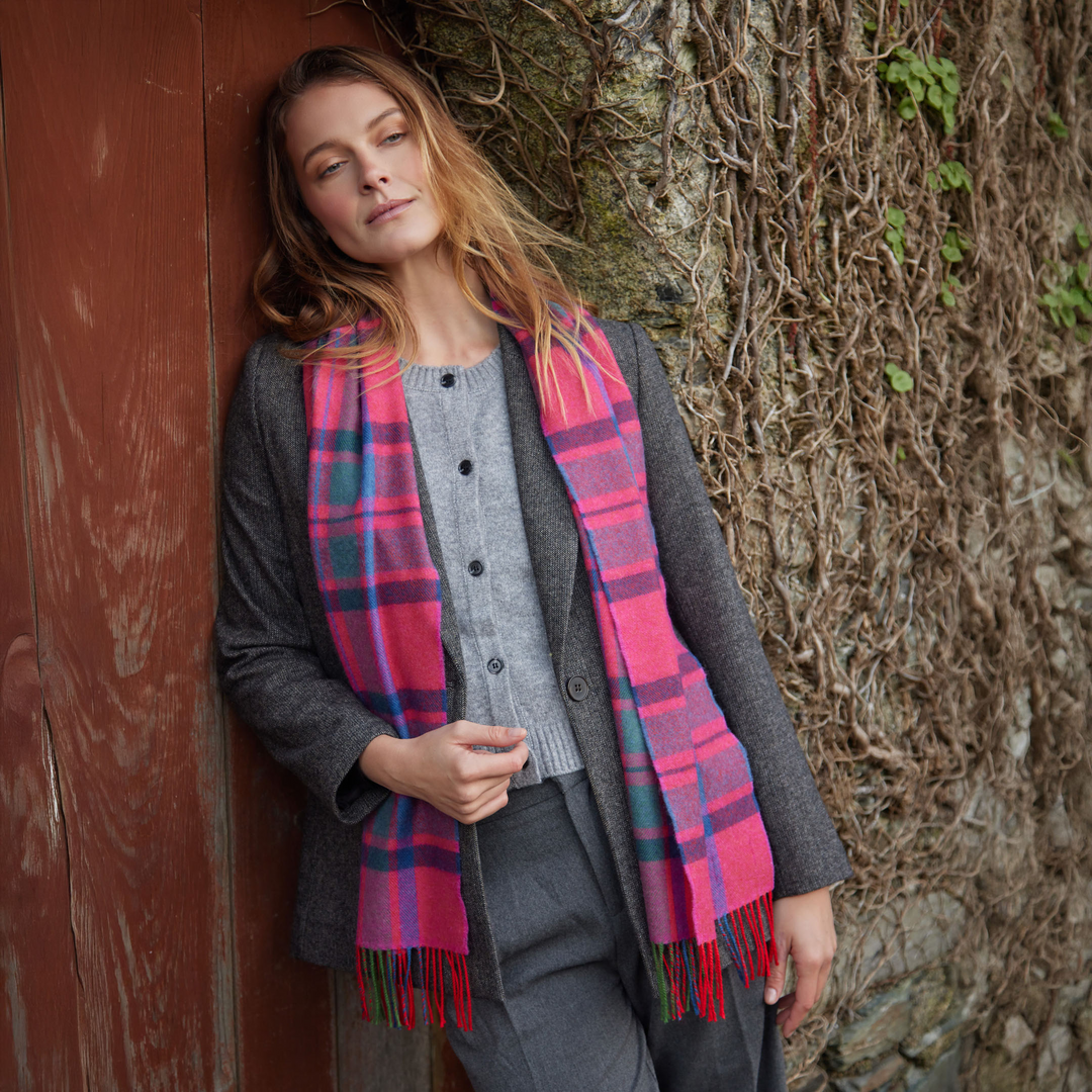Merino Luxury Wool Scarf Pink Slate Navy Blue Check Herringbone