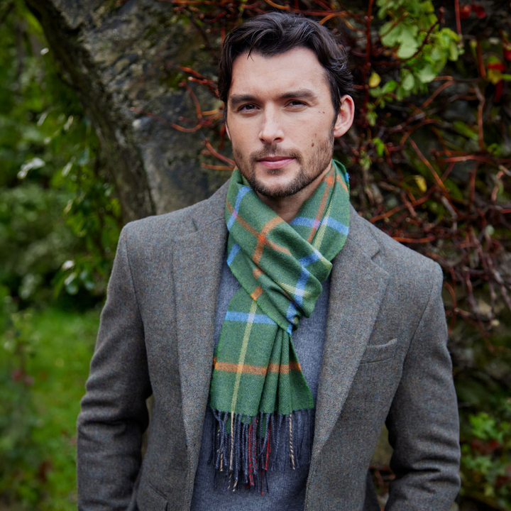 Merino Luxury Wool Scarf Green Rust Orange Blue Check