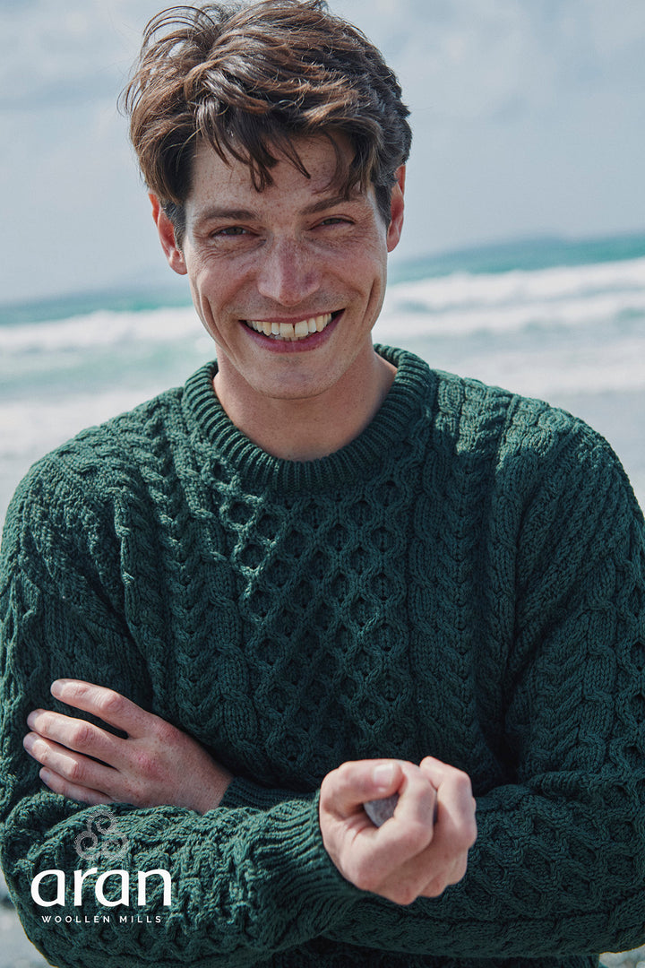 Unisex Merino Wool Aran Sweater - Dark Green