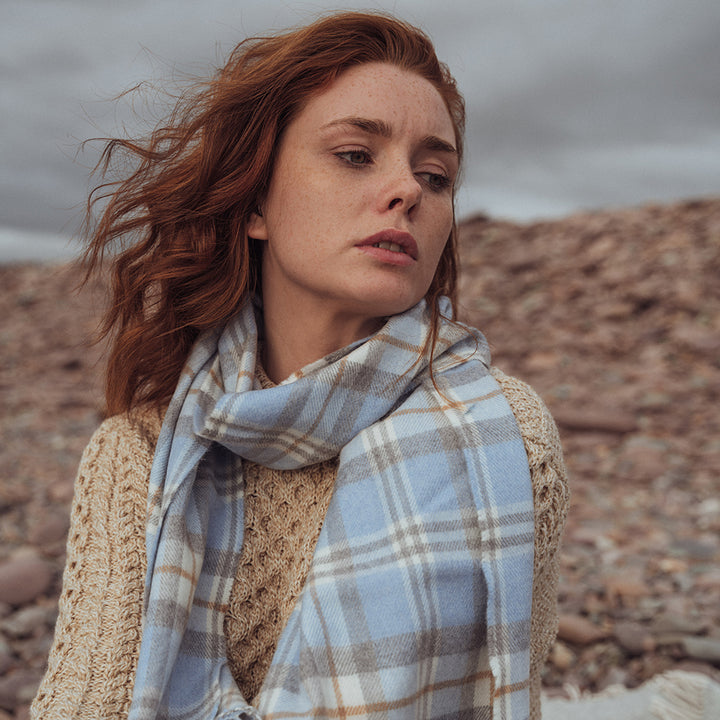 Merino Luxury Wool Scarf –  Baby Blue Cream and Cream Check