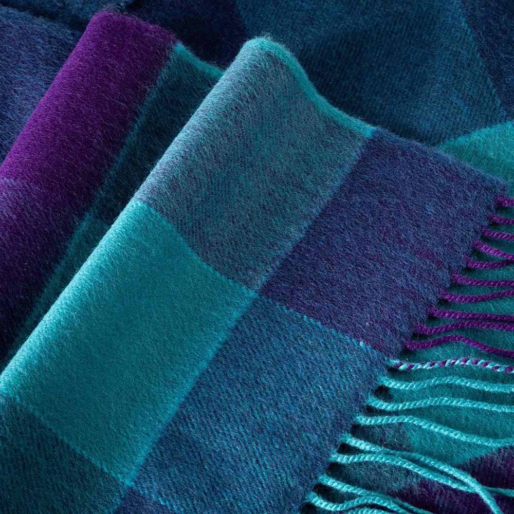 Merino Luxury Wool Scarf Blue Purple Block Check