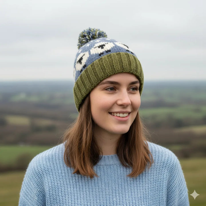Hand-knit Unisex Pure Wool Bobble Beanie Sheep Design  Navy Blue Fine Knit