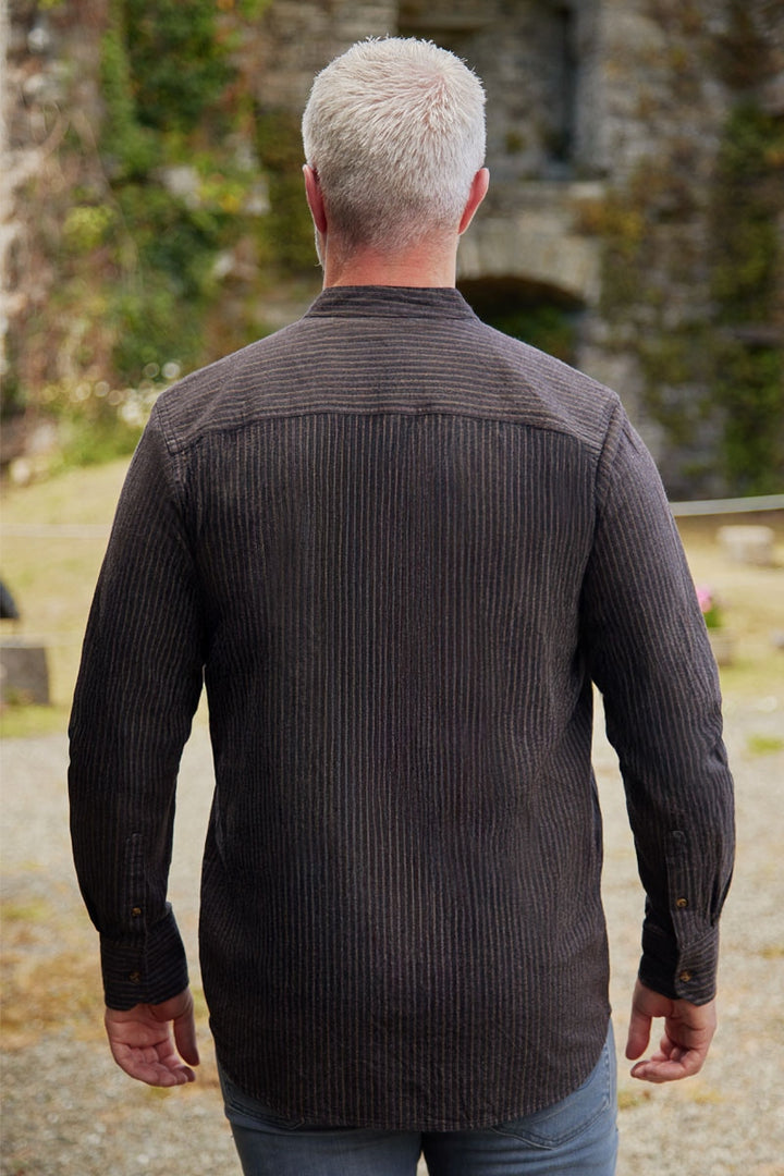 Men’s Comfort Cotton Grandfather Shirt – Black with Red / Brown Stripe