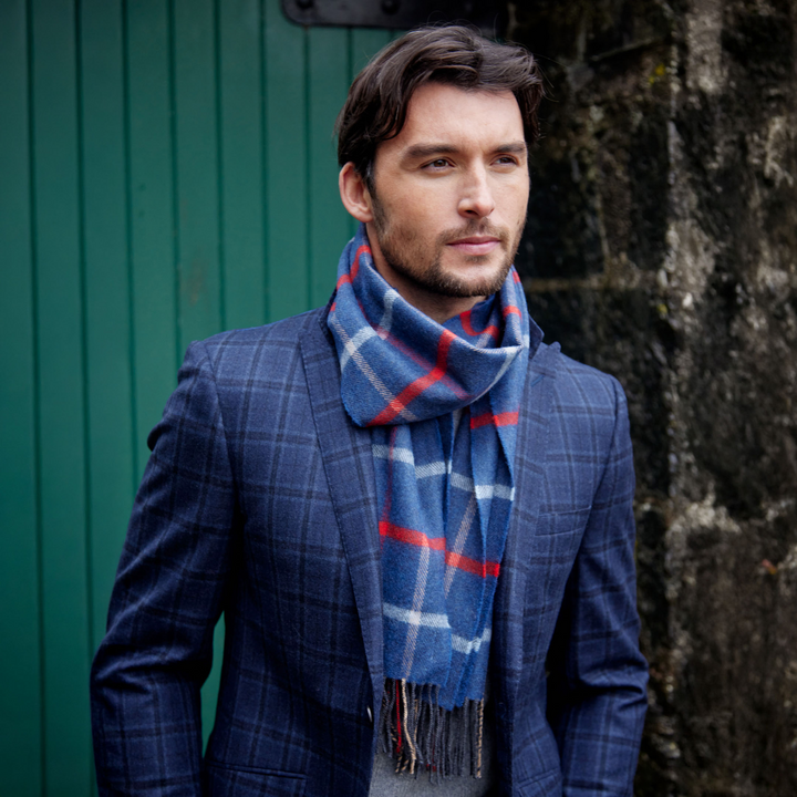 Merino Luxury Wool Scarf Blue Red Sky Beige Check