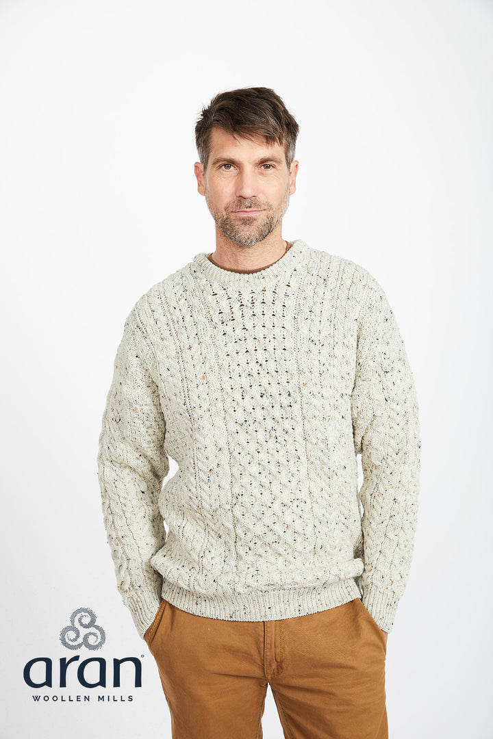 Unisex Merino Wool Aran Sweater - Flecked Cream