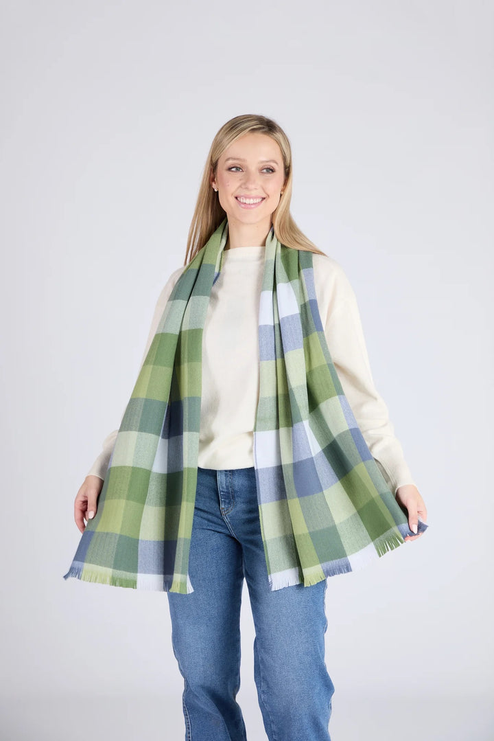 Foxford Green & Blue Small Block Check Extra Fine Merino Scarf 4413c3