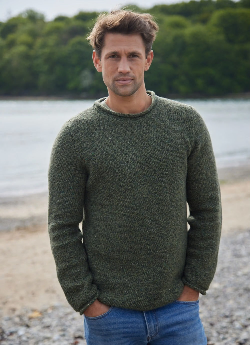 Fisherman Rolled Neck Wool Cashmere Sweater - Olive