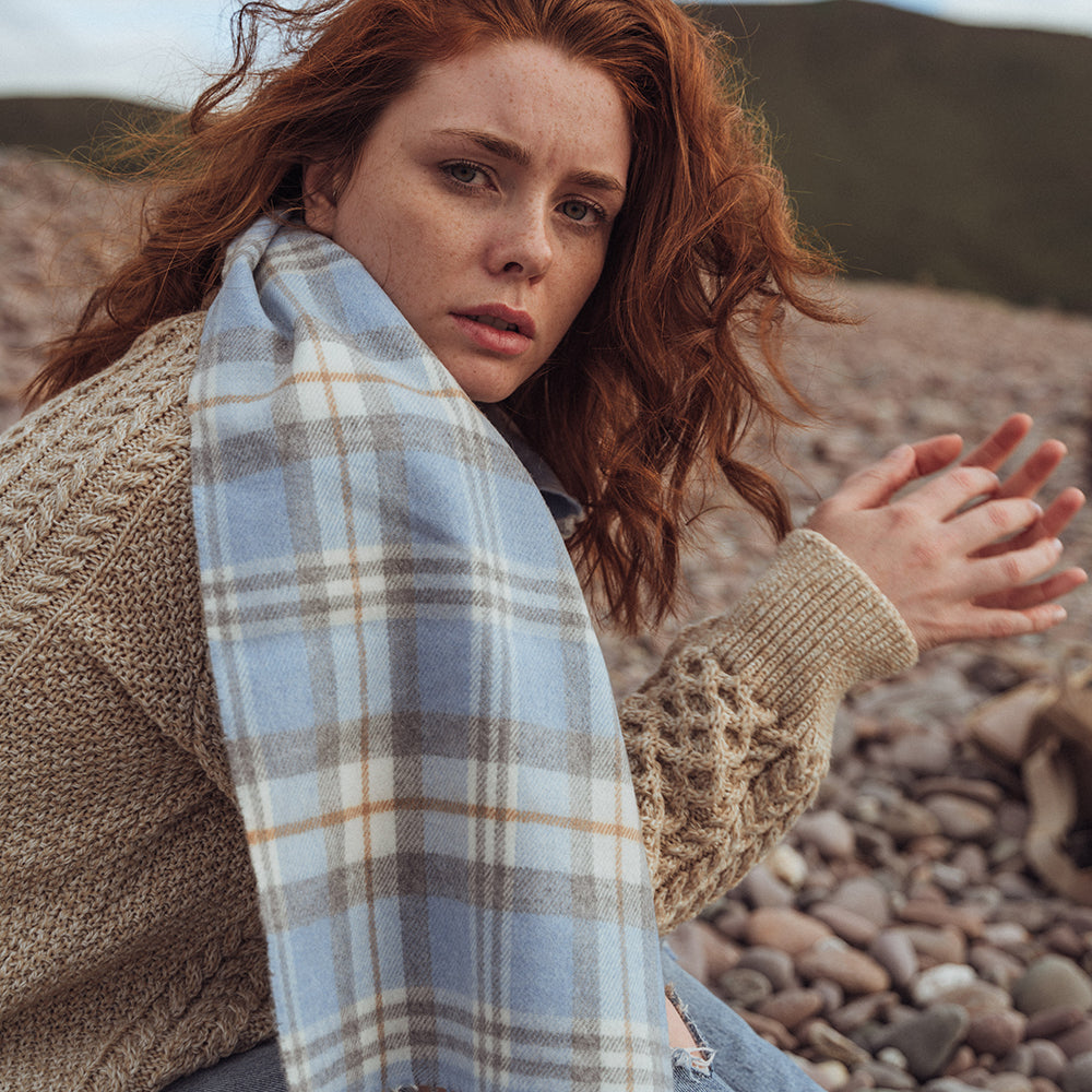 Merino Luxury Wool Scarf –  Baby Blue Cream and Cream Check