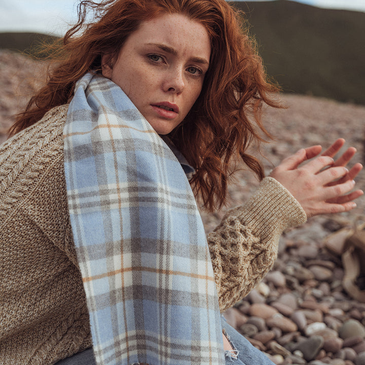 Merino Luxury Wool Scarf –  Baby Blue Cream and Cream Check