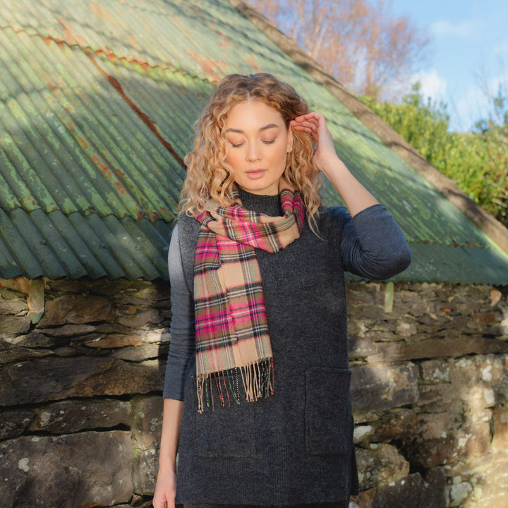 Merino Luxury Wool Scarf Pink Brown Charcoal Camel Check