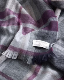 Foxford Aubergine and Grey Tartan Fine Wool Cashmere Blend Scarf