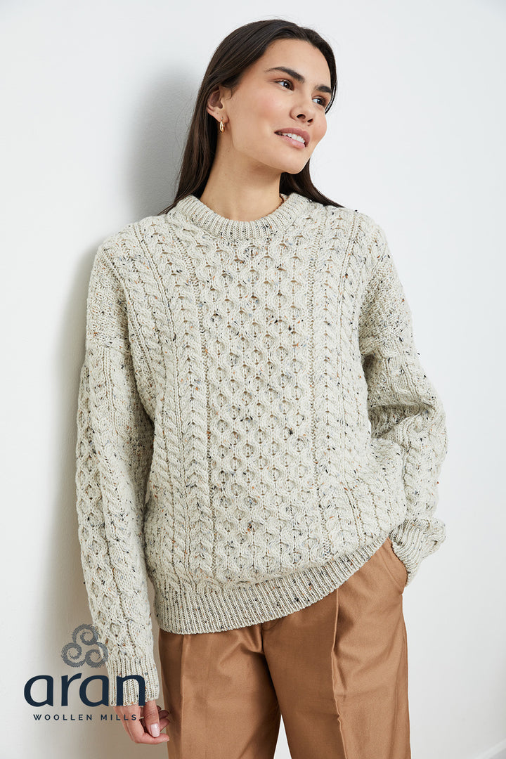 Unisex Merino Wool Aran Sweater - Flecked Cream