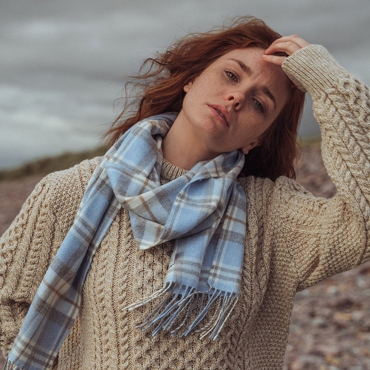 Merino Luxury Wool Scarf –  Baby Blue Cream and Cream Check