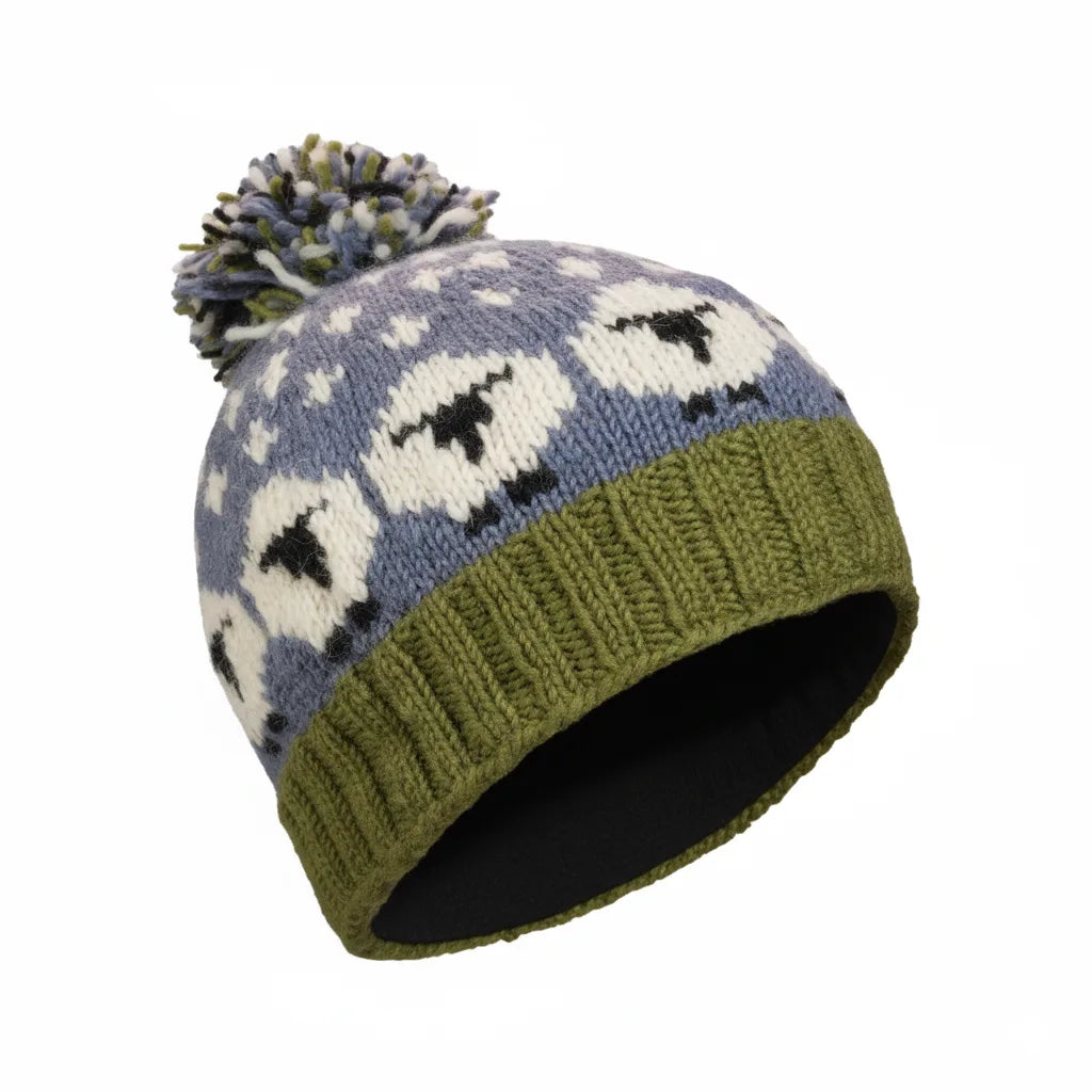 Hand-knit Unisex Pure Wool Bobble Beanie Sheep Design  Navy Blue Fine Knit