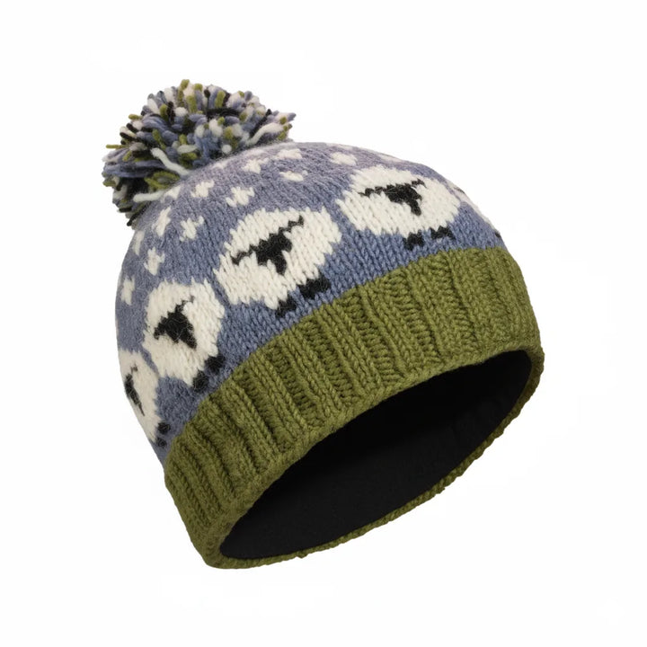 Hand-knit Unisex Pure Wool Bobble Beanie Sheep Design  Navy Blue Fine Knit