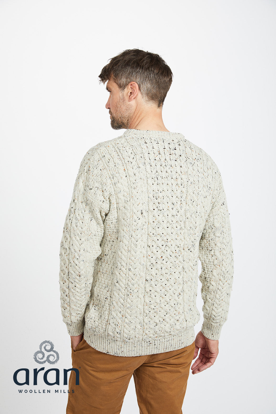 Unisex Merino Wool Aran Sweater - Flecked Cream