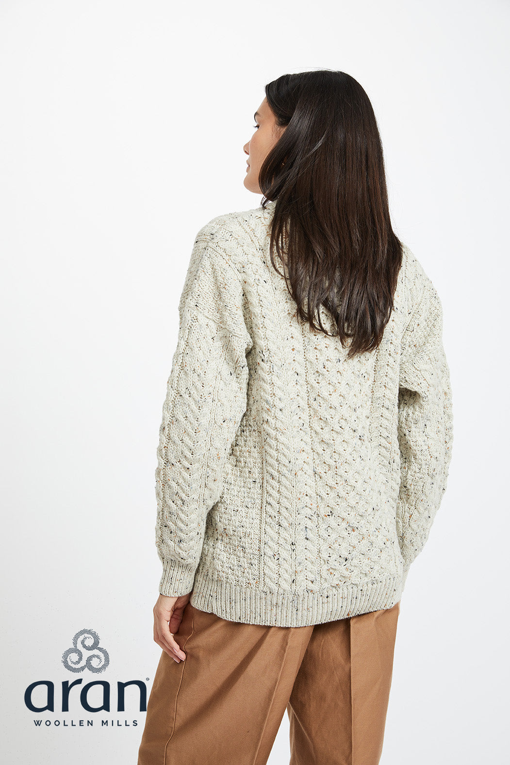 Unisex Merino Wool Aran Sweater - Flecked Cream