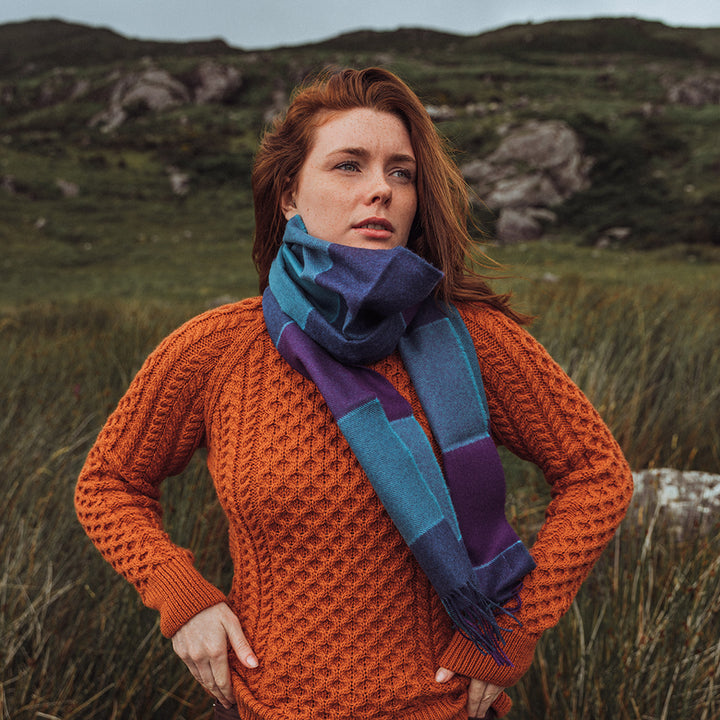 Merino Luxury Wool Scarf Blue Purple Block Check