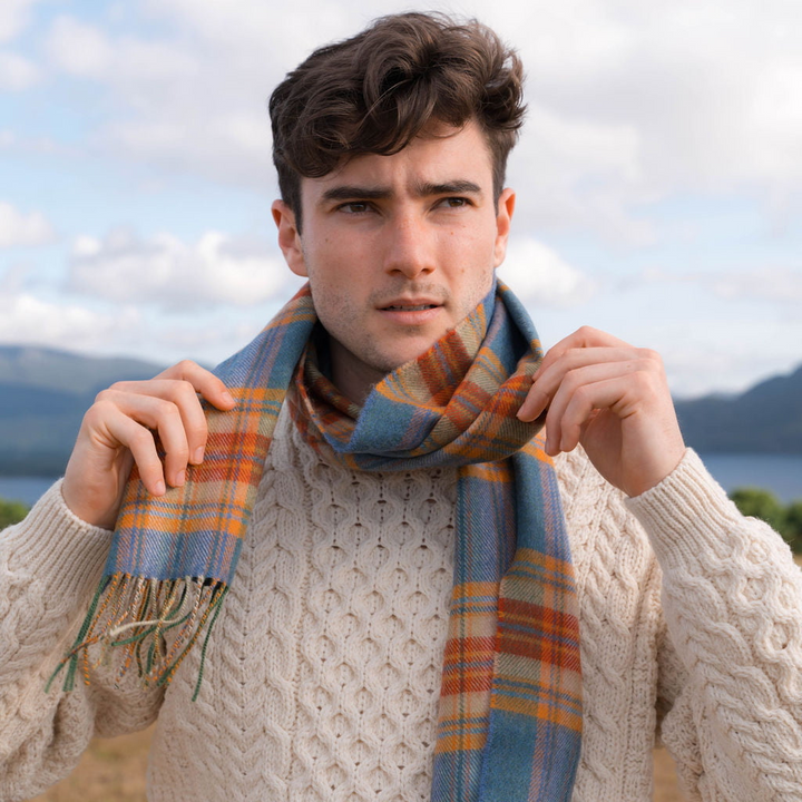 Merino Luxury Wool Scarf Sea Green Rust Plaid