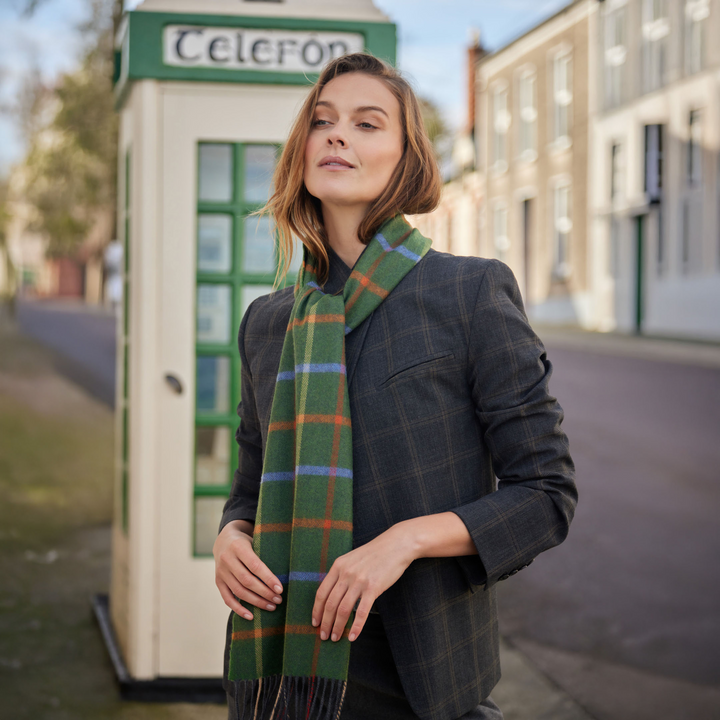 Merino Luxury Wool Scarf Green Rust Orange Blue Check