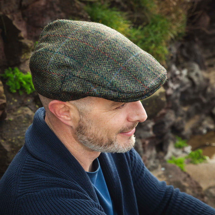 Irish Tweed Cap Dark Green Black Herringbone
