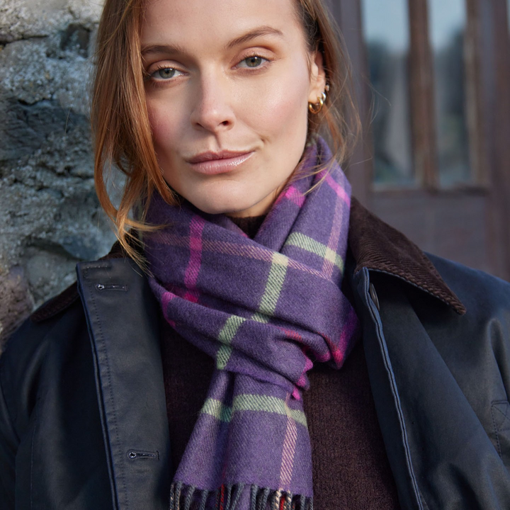 Merino Luxury Wool Scarf Purple Pink Green Beige Check