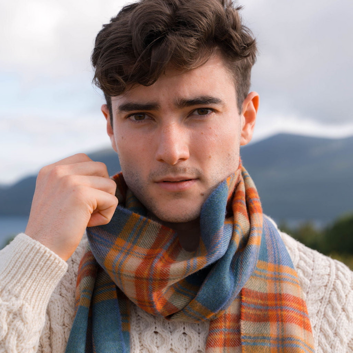 Merino Luxury Wool Scarf Sea Green Rust Plaid