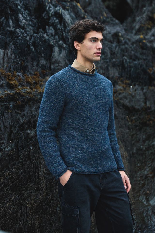 Fisherman Rolled Neck Wool Cashmere Sweater - Blue Bark