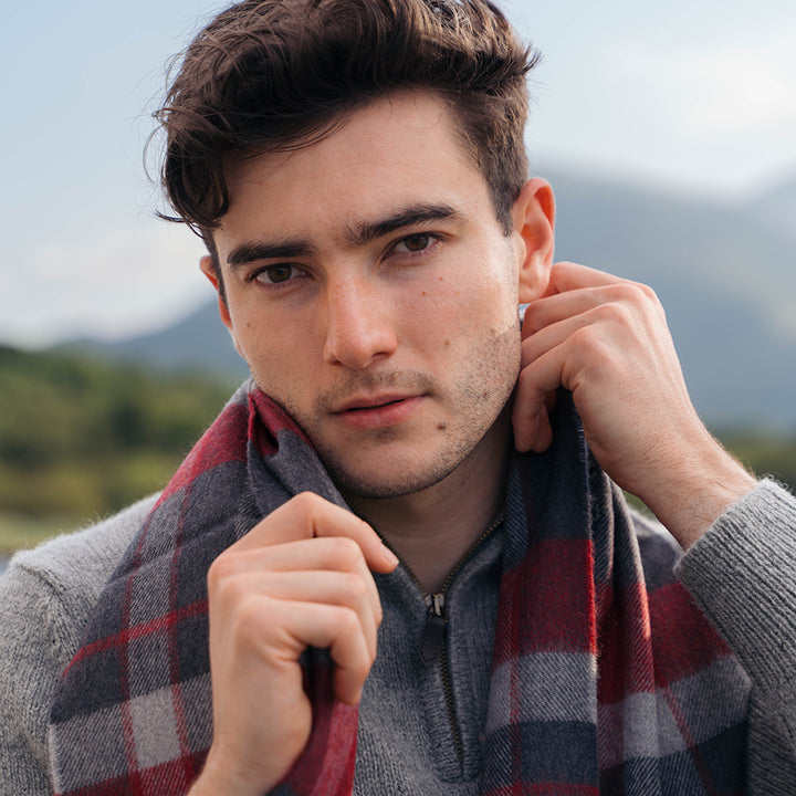 Merino  Wool Scarf Charcoal Silver Red Check
