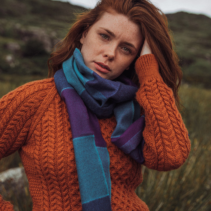 Merino Luxury Wool Scarf Blue Purple Block Check