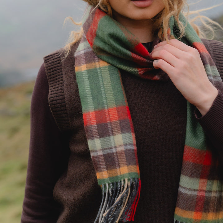 Merino Luxury Wool Scarf Green Rust Orange Brown Check
