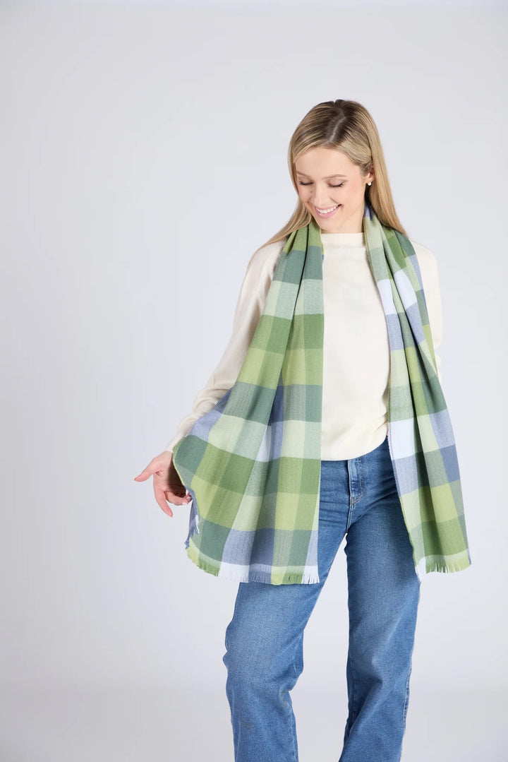 Foxford Green & Blue Small Block Check Extra Fine Merino Scarf 4413c3