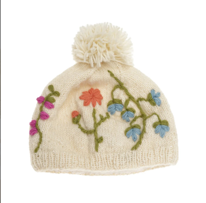 Pure Wool Bobble Beanie Embroidery Irish Wild Flower